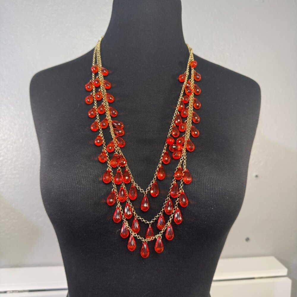 Bold Orange Teardrop Beaded Multi-Layer Necklace With Gold-Tone Chain